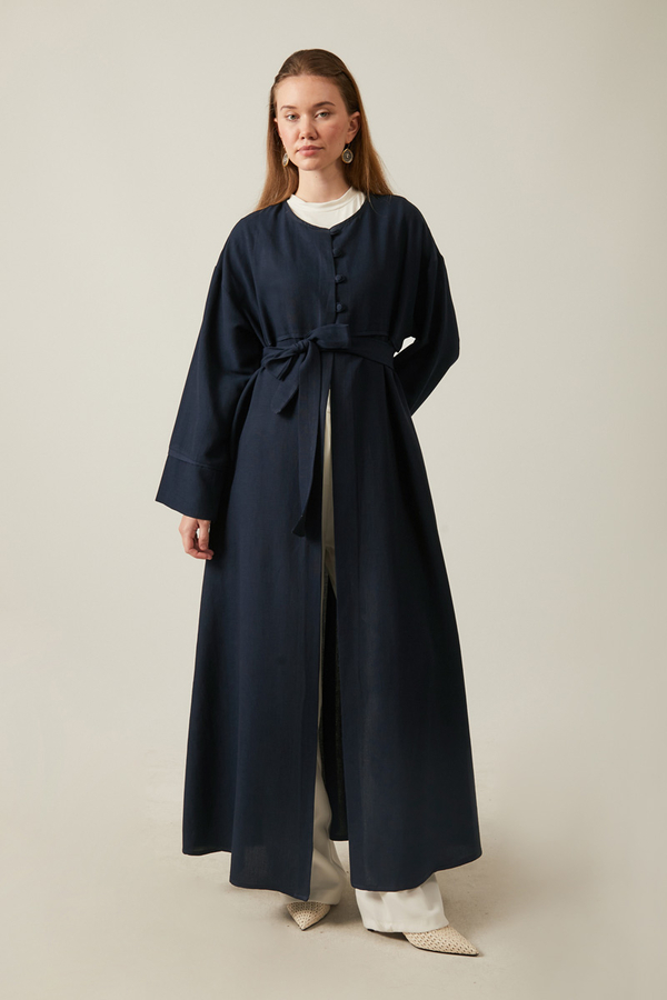 Düğmeli Keten Abaya Lacivert - 11