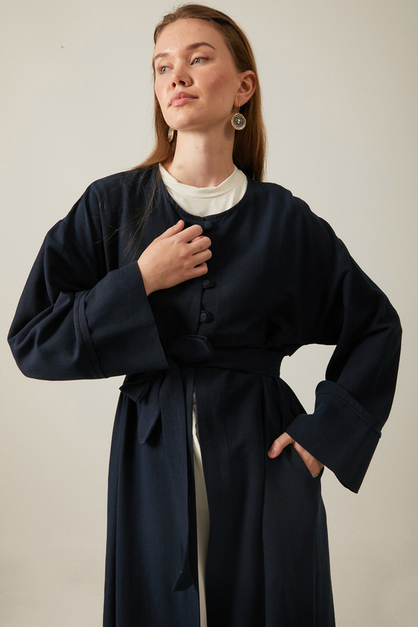 Düğmeli Keten Abaya Lacivert - 7