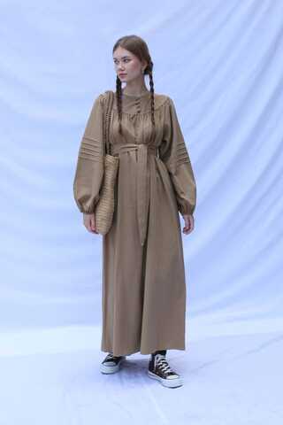 Düğmeli Keten Elbise Camel - 3