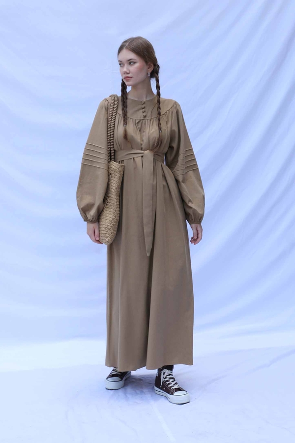 Düğmeli Keten Elbise Camel - 3
