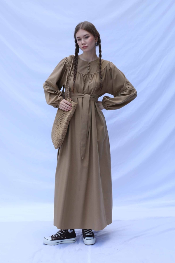 Düğmeli Keten Elbise Camel - 1