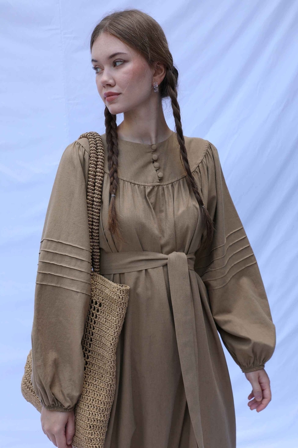 Düğmeli Keten Elbise Camel - 5