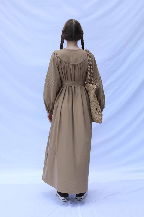 Düğmeli Keten Elbise Camel - 7