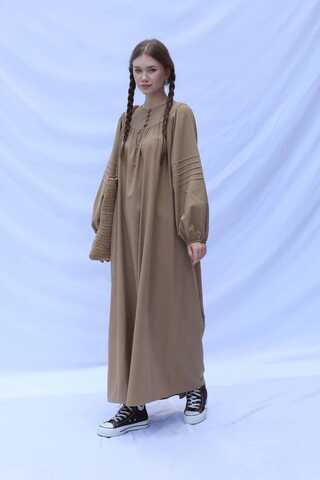 Düğmeli Keten Elbise Camel - 2