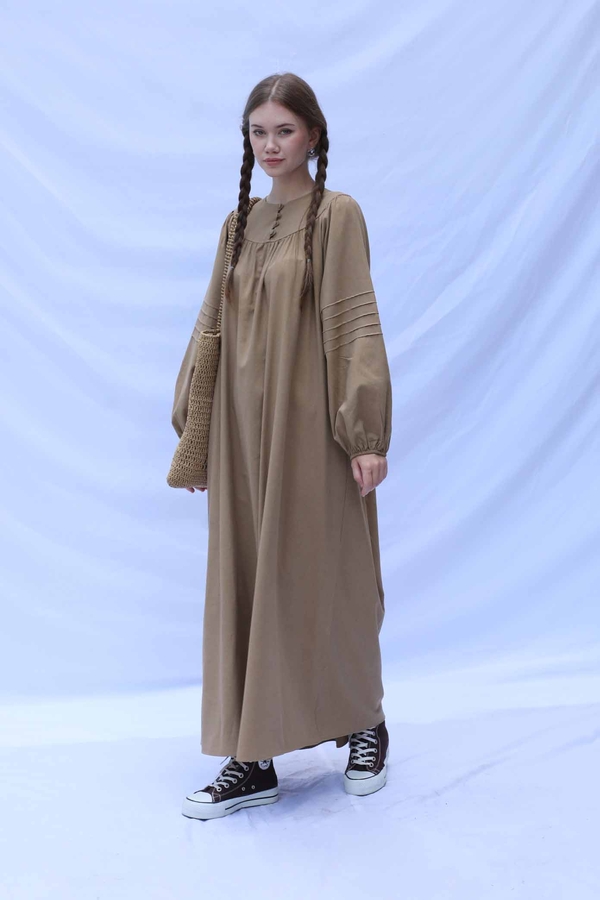 Düğmeli Keten Elbise Camel - 2