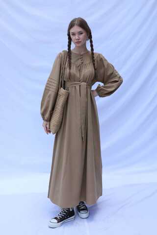 Düğmeli Keten Elbise Camel - 4