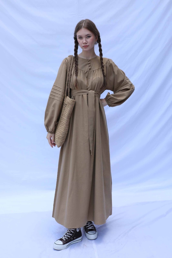 Düğmeli Keten Elbise Camel - 4