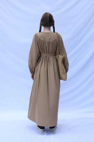 Düğmeli Keten Elbise Camel - 7