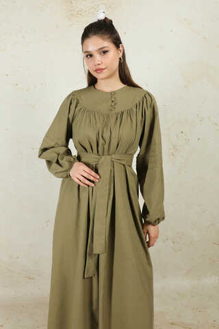 Düğmeli Keten Elbise Haki - 4