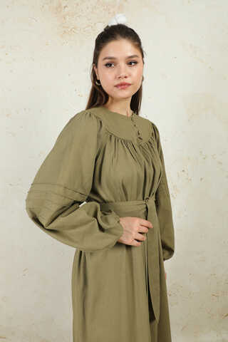 Düğmeli Keten Elbise Haki - 6