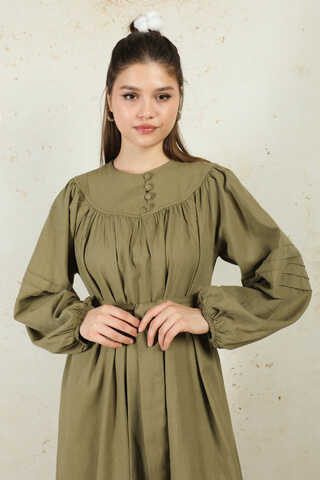 Düğmeli Keten Elbise Haki - 5
