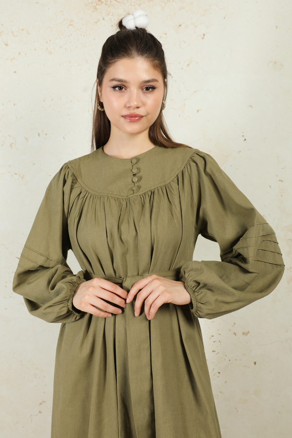 Düğmeli Keten Elbise Haki - 5