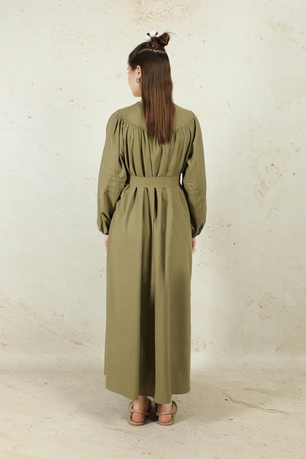 Düğmeli Keten Elbise Haki - 8