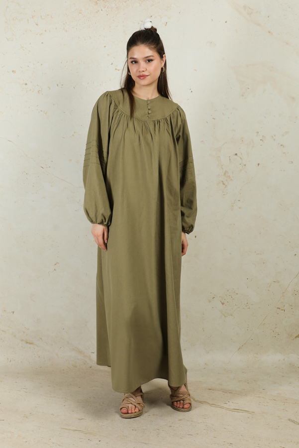 Düğmeli Keten Elbise Haki - 1