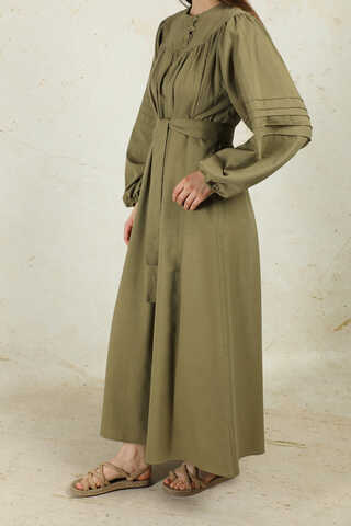 Düğmeli Keten Elbise Haki - 7