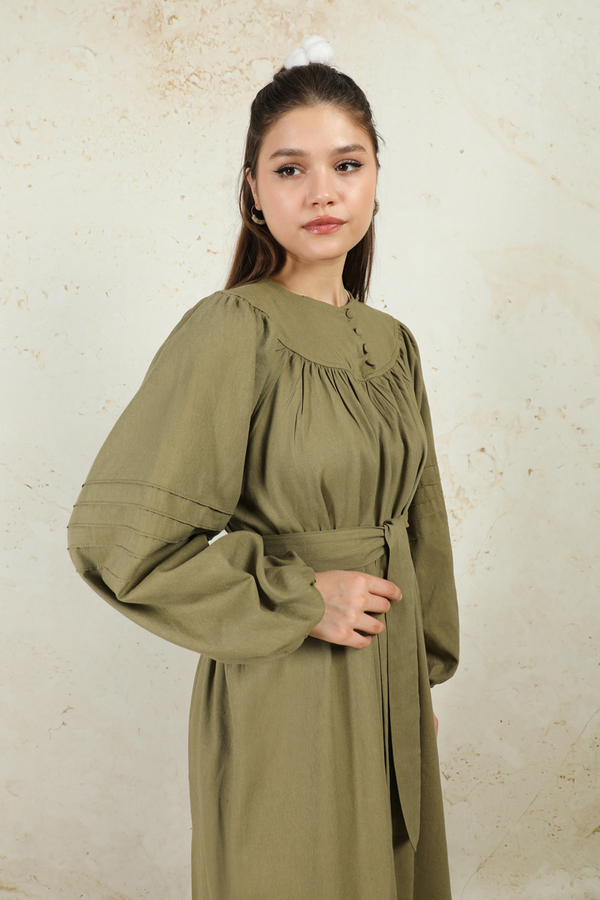 Düğmeli Keten Elbise Haki - 6