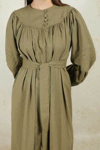 Düğmeli Keten Elbise Haki - 3