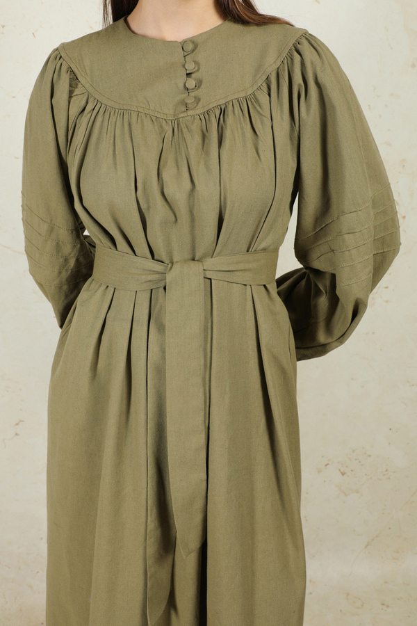 Düğmeli Keten Elbise Haki - 3