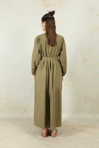 Düğmeli Keten Elbise Haki - 8