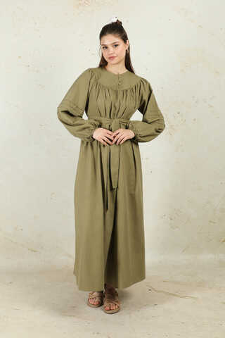 Düğmeli Keten Elbise Haki - 2