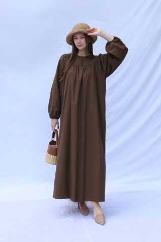 Düğmeli Keten Elbise Kahverengi - 2
