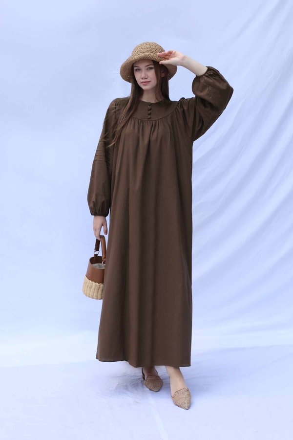 Düğmeli Keten Elbise Kahverengi - 2