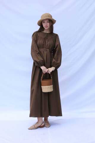Düğmeli Keten Elbise Kahverengi - 3