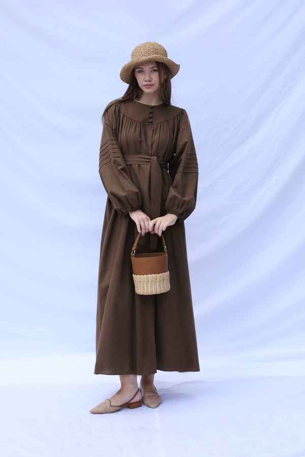 Düğmeli Keten Elbise Kahverengi - 3