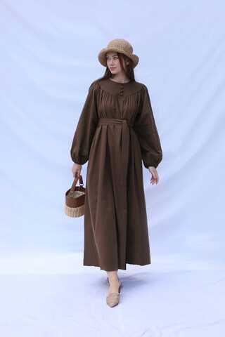 Düğmeli Keten Elbise Kahverengi - 1