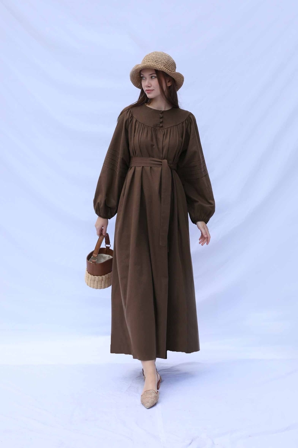 Düğmeli Keten Elbise Kahverengi - 1