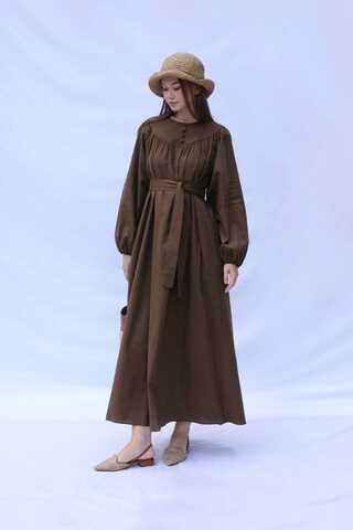 Düğmeli Keten Elbise Kahverengi - 4