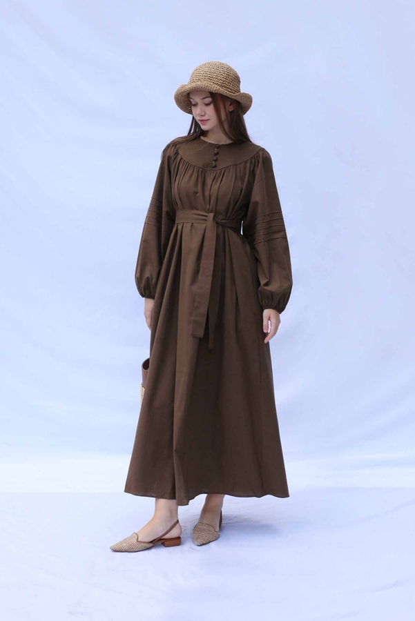 Düğmeli Keten Elbise Kahverengi - 4