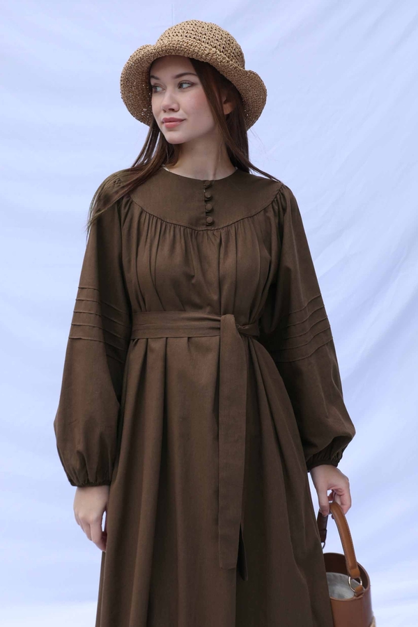 Düğmeli Keten Elbise Kahverengi - 6