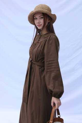 Düğmeli Keten Elbise Kahverengi - 7