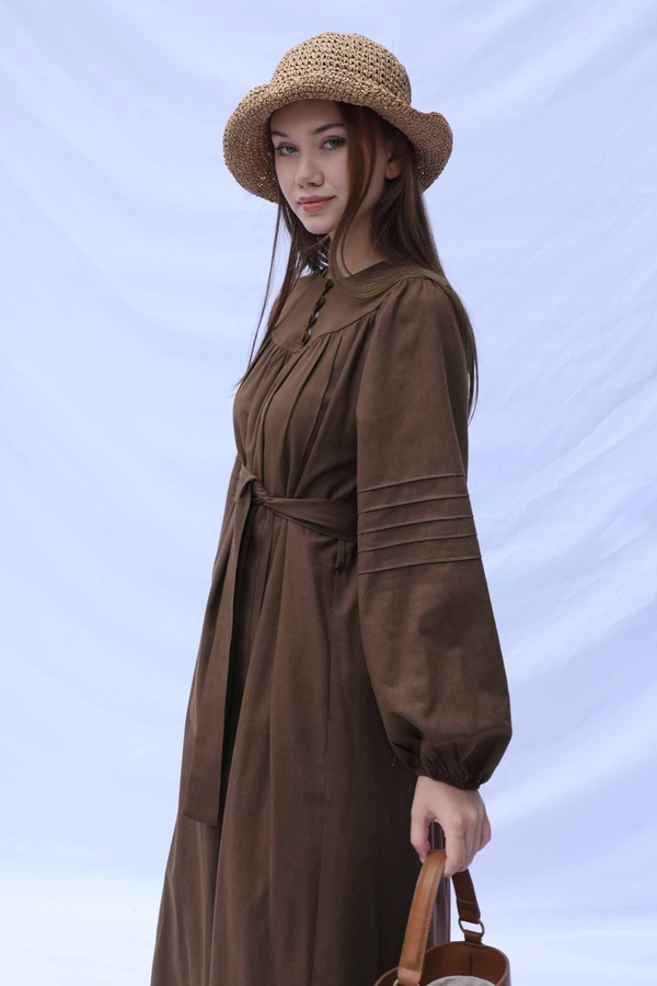 Düğmeli Keten Elbise Kahverengi - 7