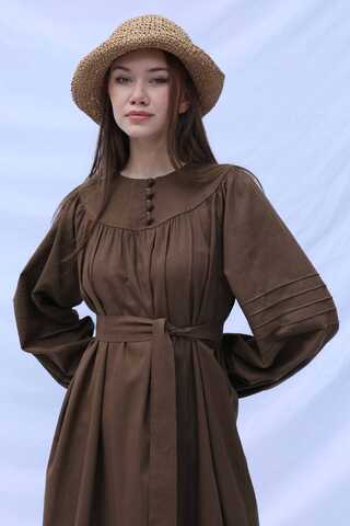 Düğmeli Keten Elbise Kahverengi - 8