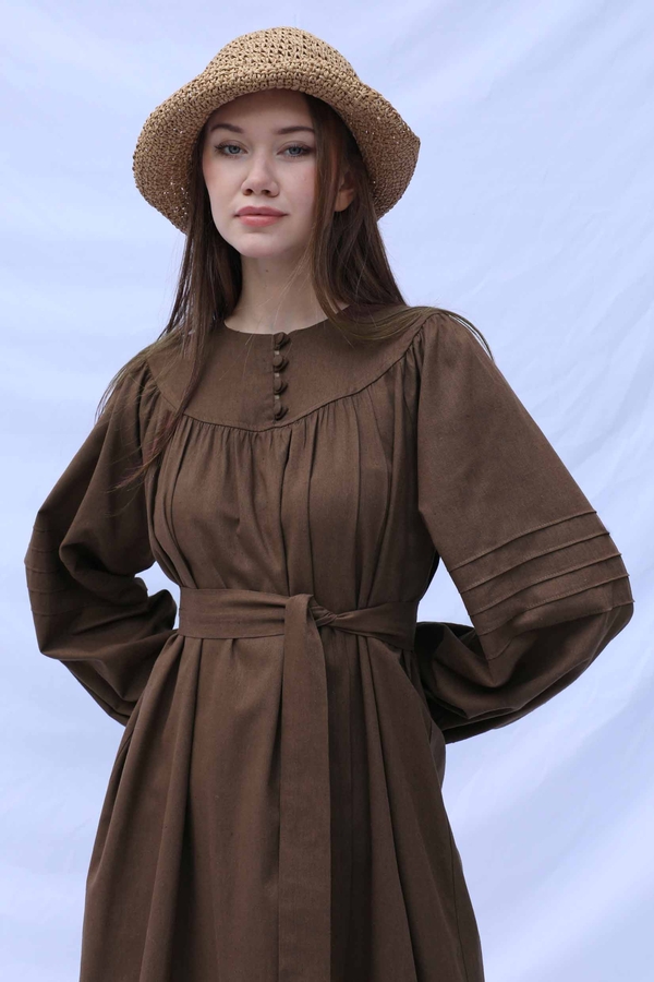 Düğmeli Keten Elbise Kahverengi - 8