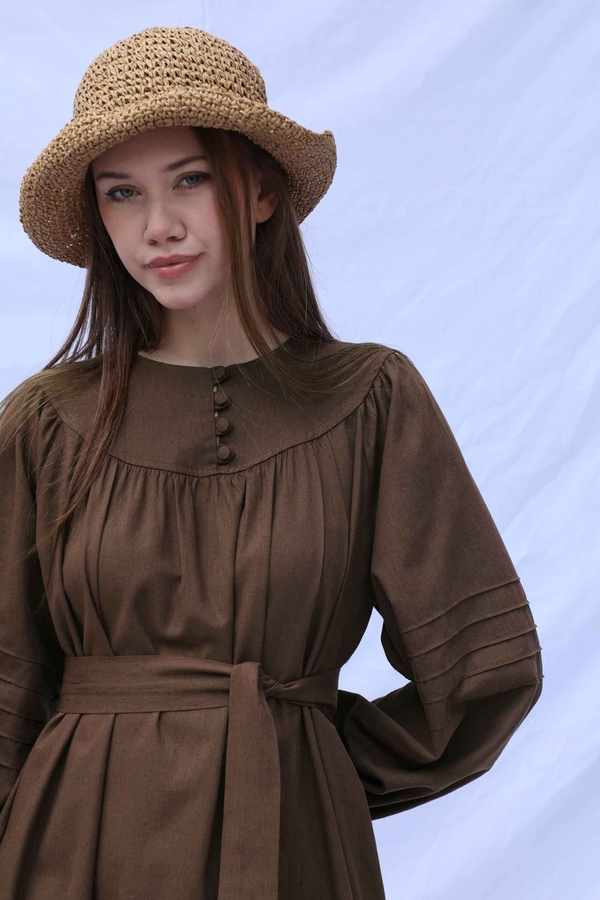 Düğmeli Keten Elbise Kahverengi - 9