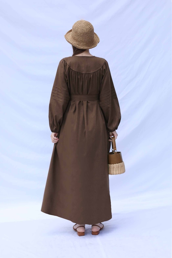 Düğmeli Keten Elbise Kahverengi - 10