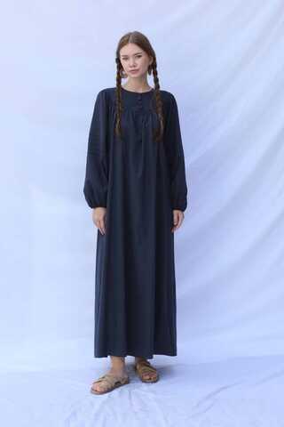 Düğmeli Keten Elbise Lacivert - 2