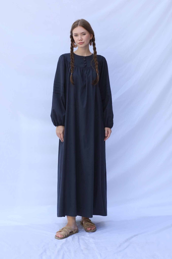 Düğmeli Keten Elbise Lacivert - 2