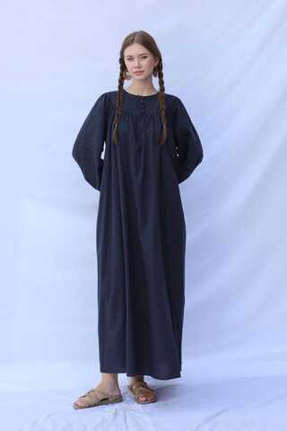 Düğmeli Keten Elbise Lacivert - 3