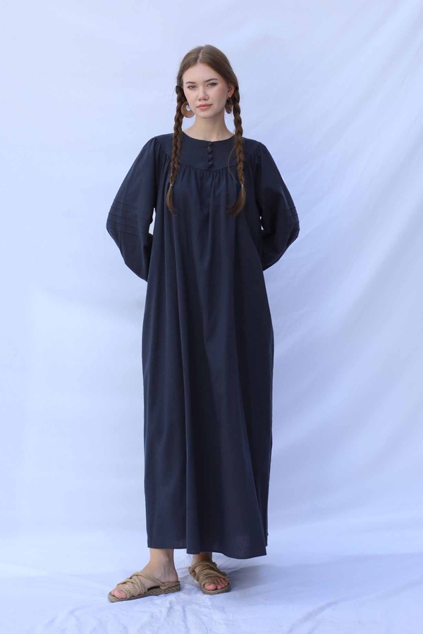 Düğmeli Keten Elbise Lacivert - 3