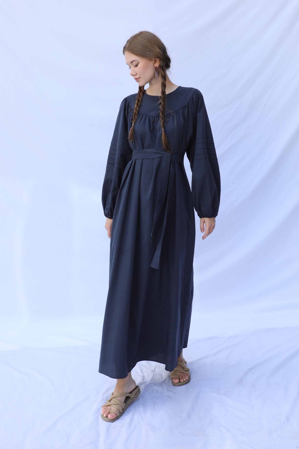 Düğmeli Keten Elbise Lacivert