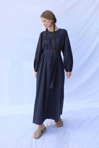 Düğmeli Keten Elbise Lacivert - 1