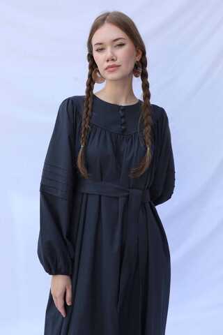 Düğmeli Keten Elbise Lacivert - 4