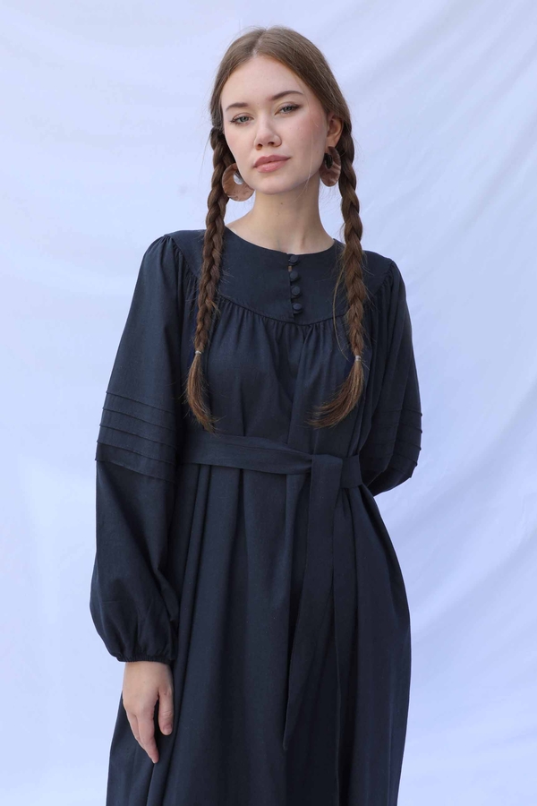 Düğmeli Keten Elbise Lacivert - 4