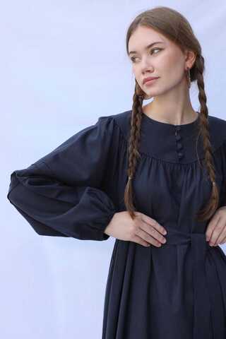 Düğmeli Keten Elbise Lacivert - 5