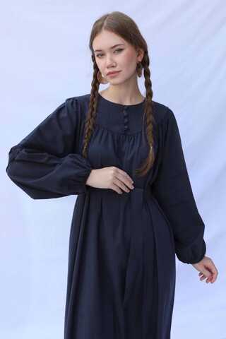 Düğmeli Keten Elbise Lacivert - 6