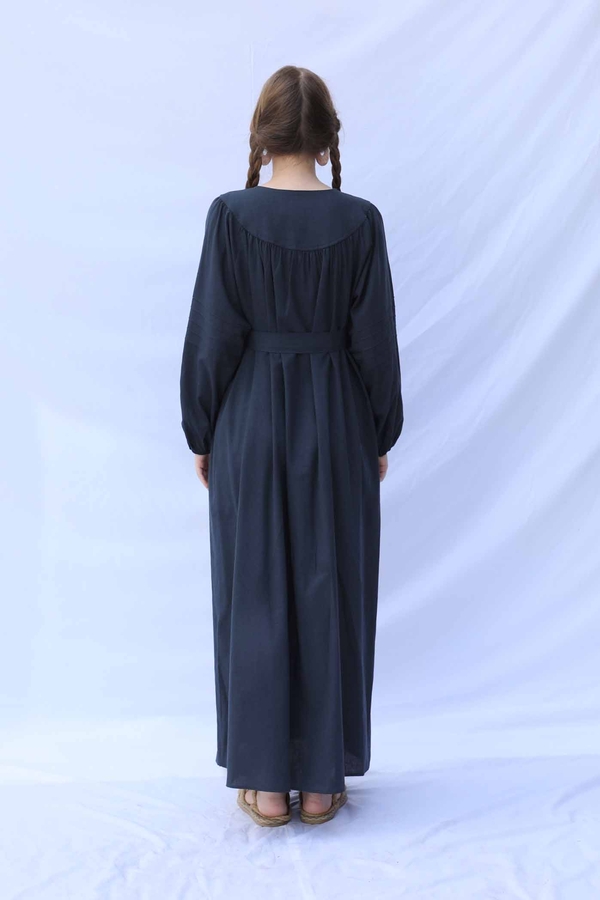 Düğmeli Keten Elbise Lacivert - 7